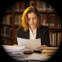 Asociada joven revisando expedientes de sucesiones y planificación patrimonial en una biblioteca jurídica