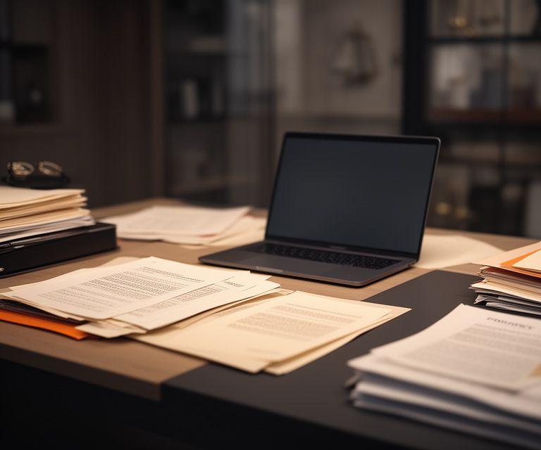 Desks with legal documents and a laptop in a modern Madrid office, softly lit for a privacy policy setting